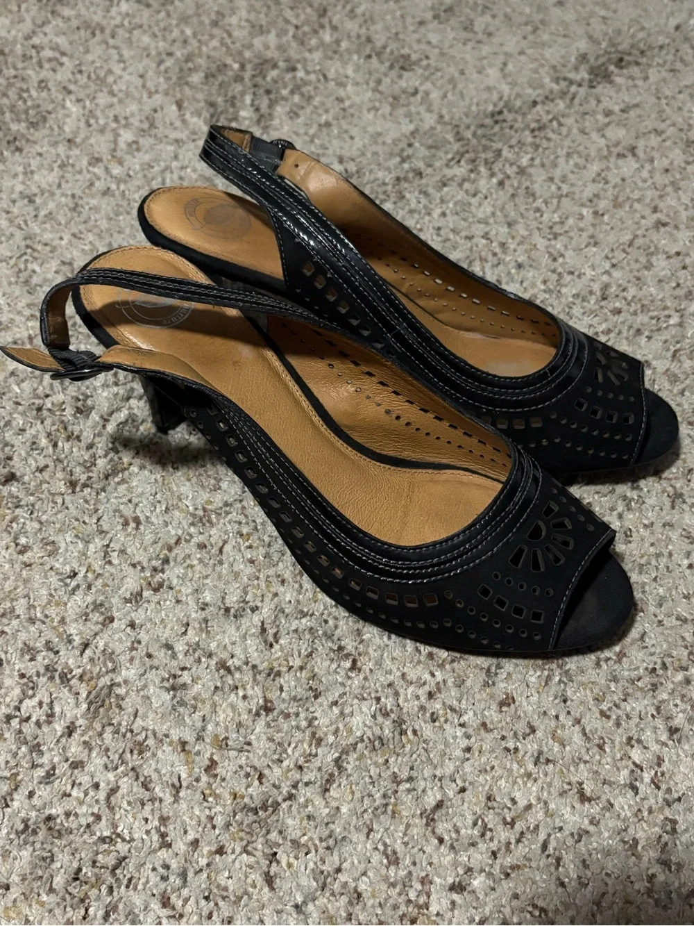 Nurture Peep Toe Slingback Heels Women 9.5M Black Laser Cut Kitten Heel‎
